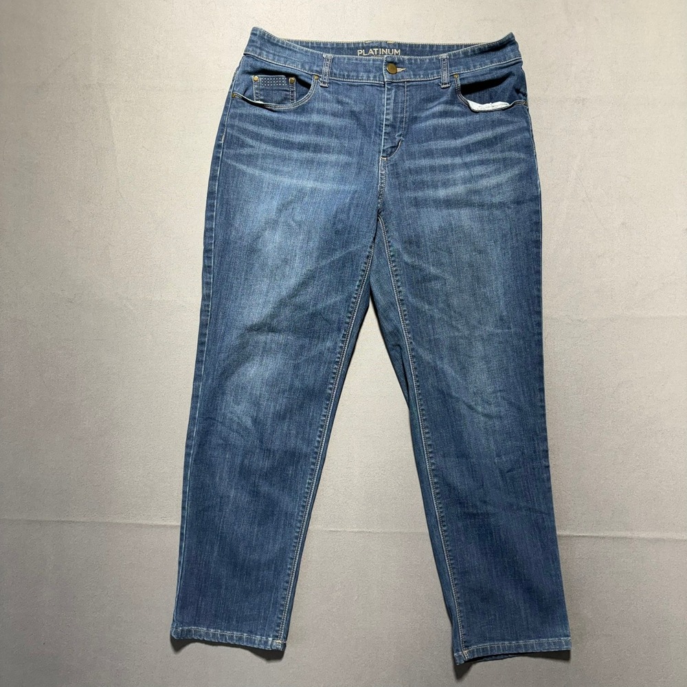 Chicos Platinum Straight Leg Jeans Size 1.5 Medium Wash Studded Pocket Stretch